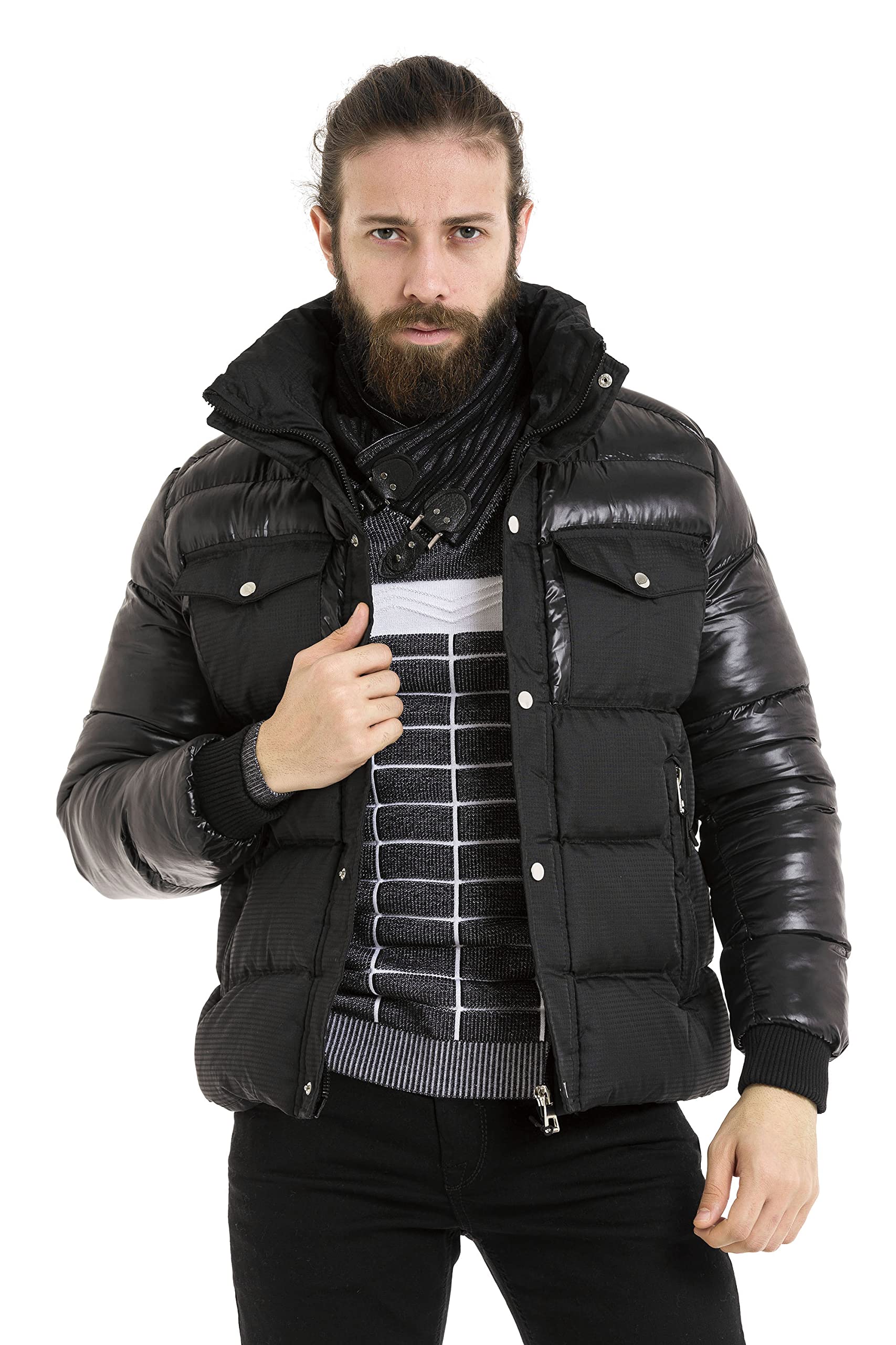 Cipo & Baxx Herren Winterjacke Stepp Glanz Hoherkragen Freizeitjacke CM208 Schwarz XL