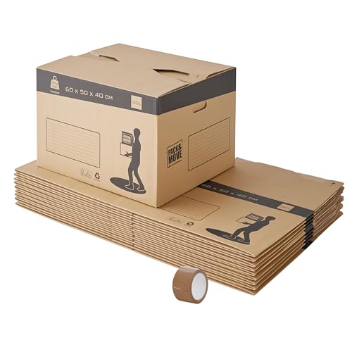 10 Stück Umzugskartons mit automatischem Boden – 60 x 50 x 40 cm – Made in France – max. Belastung 30 kg/120 l – FSC zertifiziert 70% – Pack & Move (10)