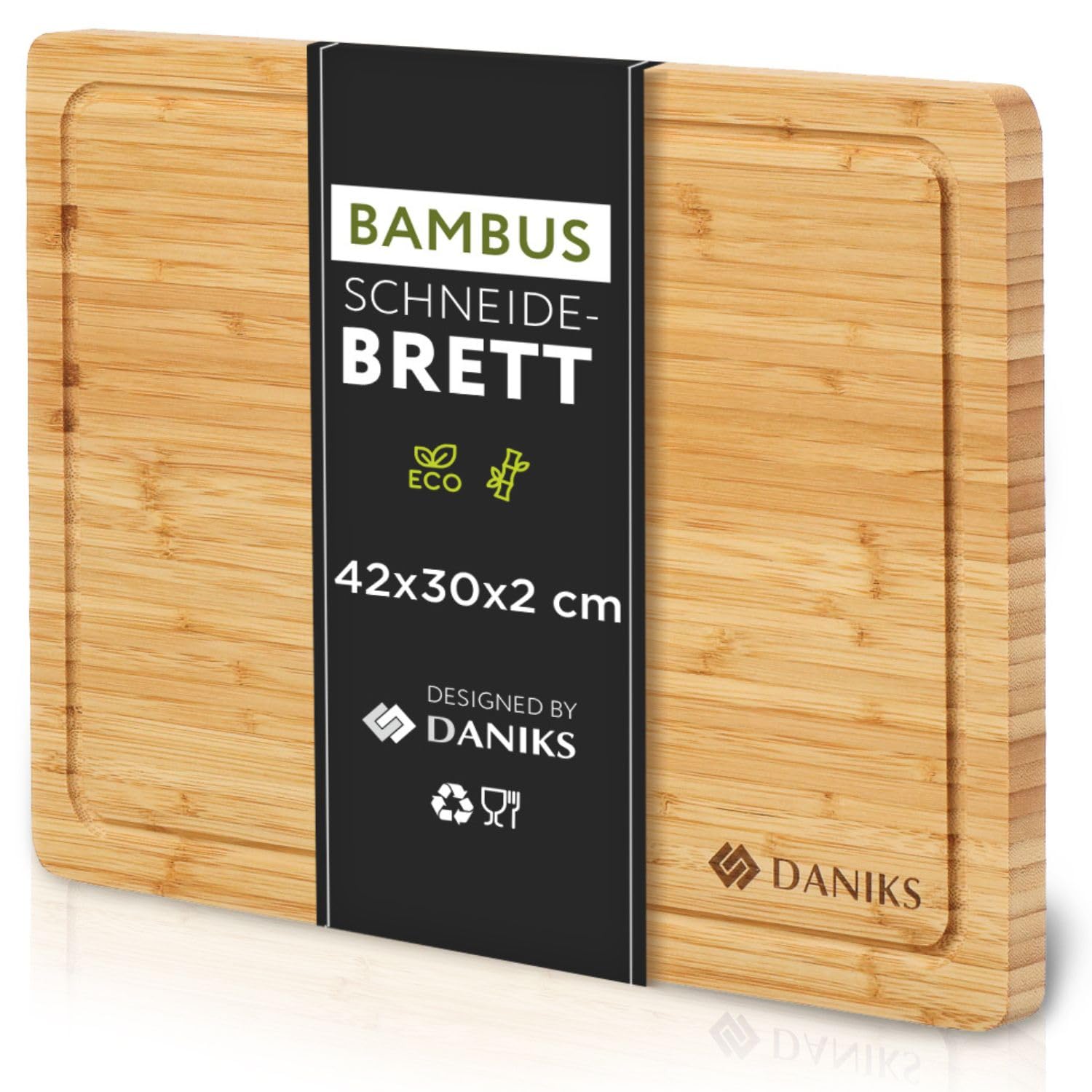 Daniks Hochwertiges XL Schneidebrett aus 100% Bambus | Extra Dick 2 cm | Mit Saftrille | Rutschfeste Füße | Brotbrett & Servierbrett für Fleisch, Gemüse, Brot | 42x30x2cm