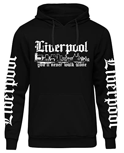 UGLYSHIRT Liverpool Skyline Herren Kapuzenpullover | Stadt Sport Fussball Pullover Hoodie Ultras | M1 FB+Ärmeldruck Schwarz (4XL)