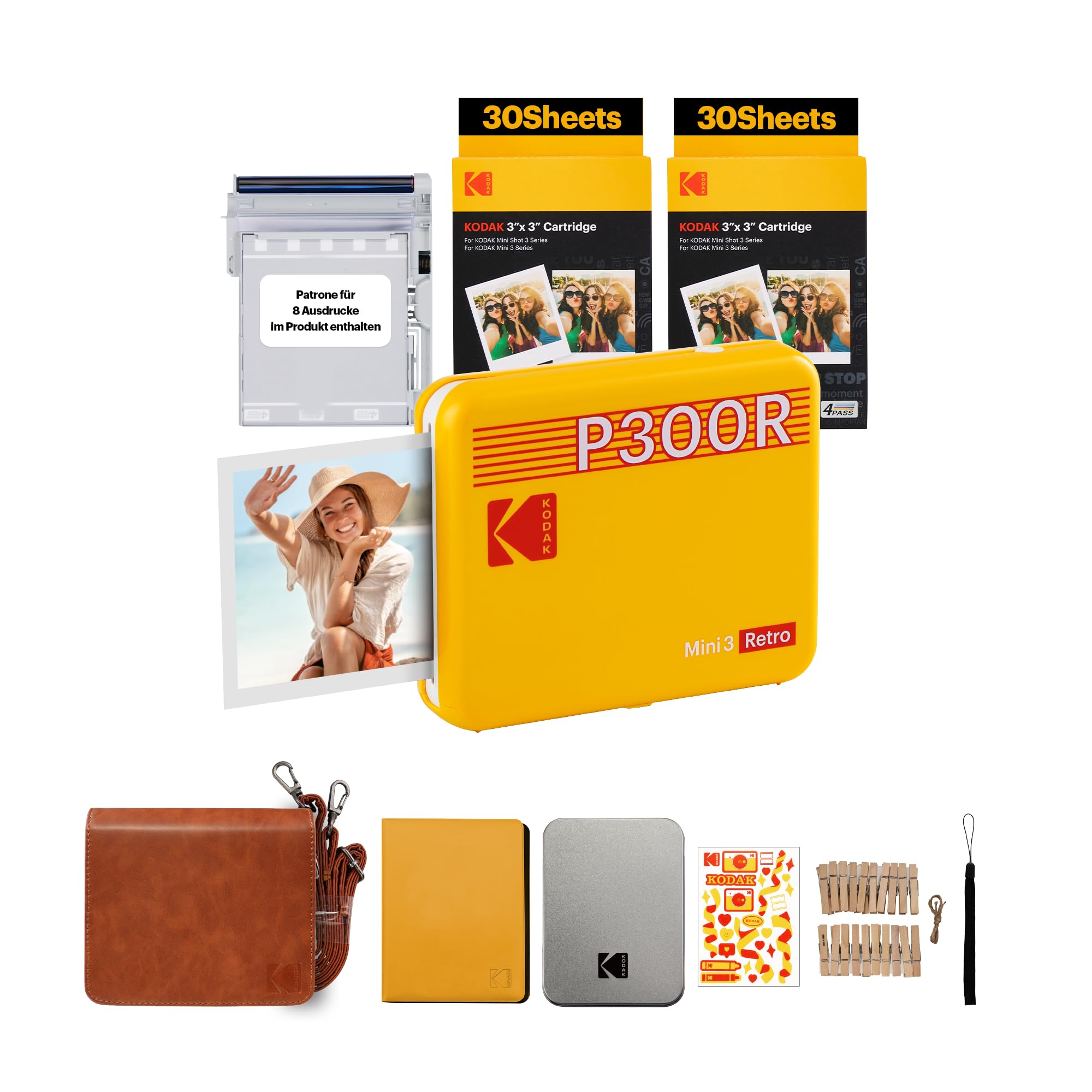 Kodak Mini 3, tragbarer Fotodrucker, kabellos, iOS und Android, Bluetooth, 76 x 76 mm, 4-Pass-Technologie, laminiertes Fotopapier, 68 Blatt – Gelb