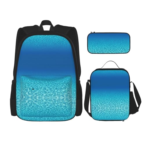 WURTON 3-in-1 Büchertaschen-Set, Motiv: ruhige Unterwasserlandschaft, verstellbarer Schulter-Rucksack, Lunch-Tasche, Federmäppchen, Beutel, Schwarz, Einheitsgröße