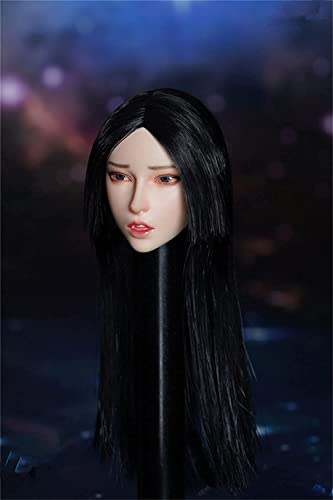 VUSLB 1/6 Scale Female Head Sculpt,Asian Girl Expression Black Hair Head Carved for 12inch PH TBL JO Action Figure Body (C)