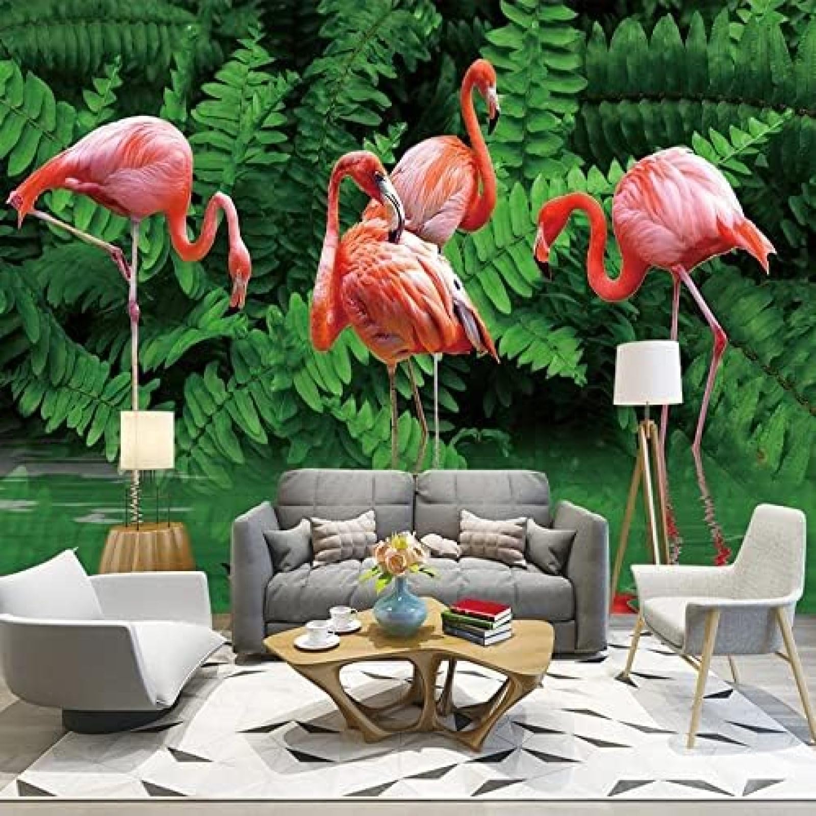 XLMING Green Leaf Flamingo Kinderzimmer 3D Tapete Wohnzimmer Sofa Schlafzimmer Esszimmer Home Dekoration Wand-400cm×280cm