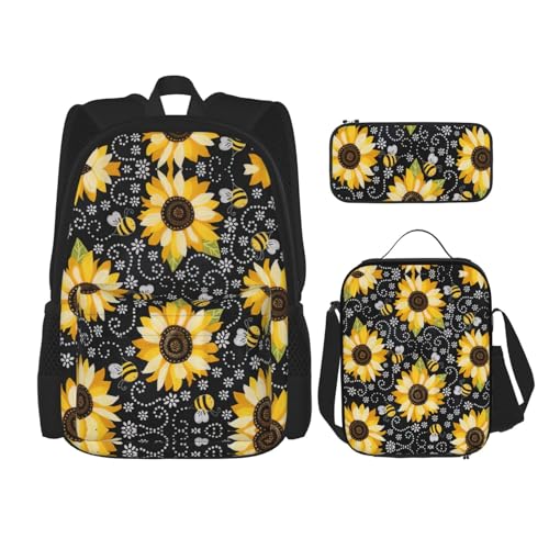 WURTON Sunflower Bees Print Lunch Box Pencil Case Backpack Set 3 Pieces Adjustable Straps Durable Lightweight, Schwarz, One Size