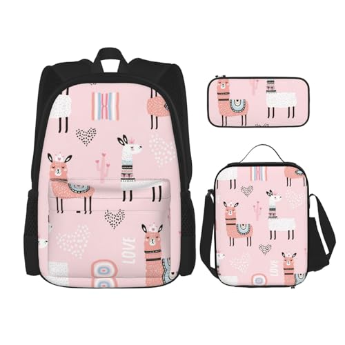 WURTON Schulrucksack-Set mit Lama-Druck, 3-in-1, Büchertaschen-Set mit Lunchbox, Federmäppchen, Reise-Laptop, Tagesrucksäcke