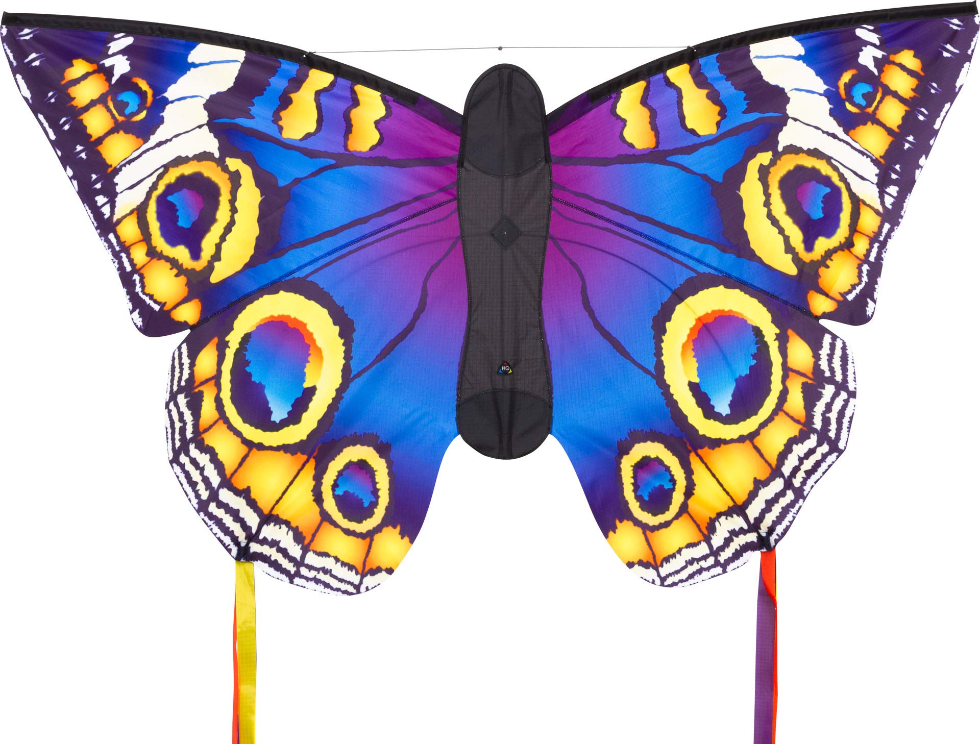 HQ 106548 - Butterfly Kite Buckeye L, Kinderdrachen Einleiner, ab 5 Jahren, 80x130cm und 2x600 cm Drachenschwanz, inkl. 17kp Polyesterschnur 40m auf Spule, 2-5 Beaufort