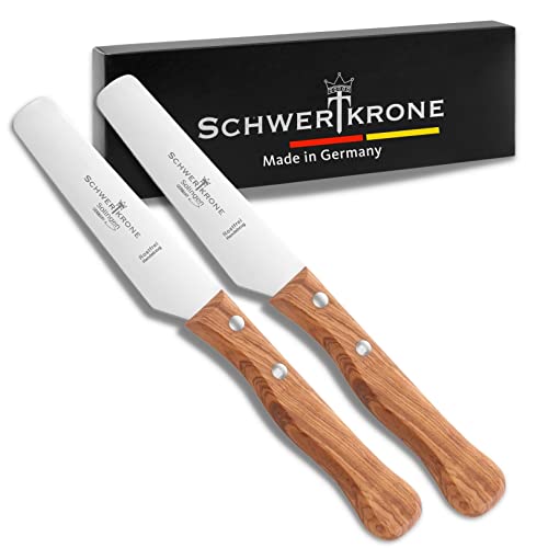 Schwertkrone Frühstücksmesser 2er Set Brötchenmesser Buttermesser mit Wellenschliff Holzgriff Olivenholz Holzgriff Solingen