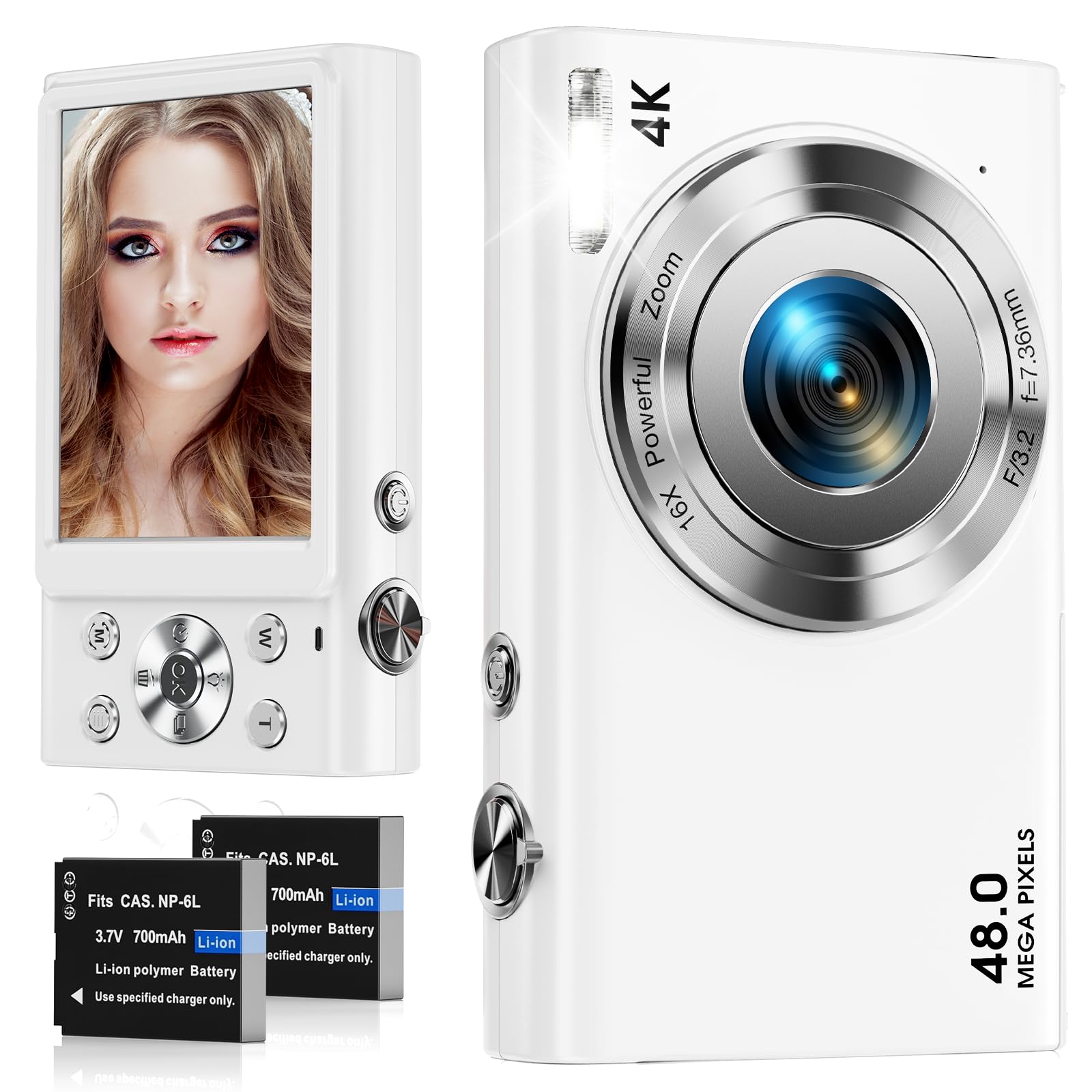 Digitalkamera, 4K Autofokus Fotokamera HD 48MP mit 2,8" großem Bildschirm, 16X Digitalzoom, Kompaktkamera für Fotografie, Fotoapparat für Teenager, Erwachsene, Anfänger（weiß）