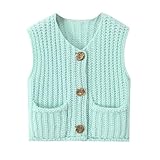 Sweater Vests Women 2024, Women's Button Front V Neck Sleeveless Crochet Solid Checkered Knit Sweater Vest with Pockets (Turquoise,Medium)