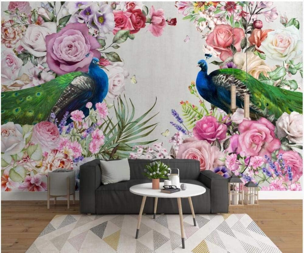 Bunte Blumen Pfau 3D Tapete Poster Restaurant Schlafzimmer Wohnzimmer Sofa TV Dekorative Wand-200cm×140cm