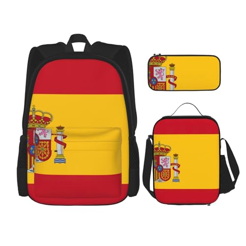 WURTON Rucksack mit spanischer Flagge, 3-in-1, Büchertaschen-Set, Lunchbox, Federmäppchen, Reise-Laptop-Tagesrucksäcke, Schwarz, Einheitsgröße, Schwarz, Einheitsgröße, Schwarz , Einheitsgröße