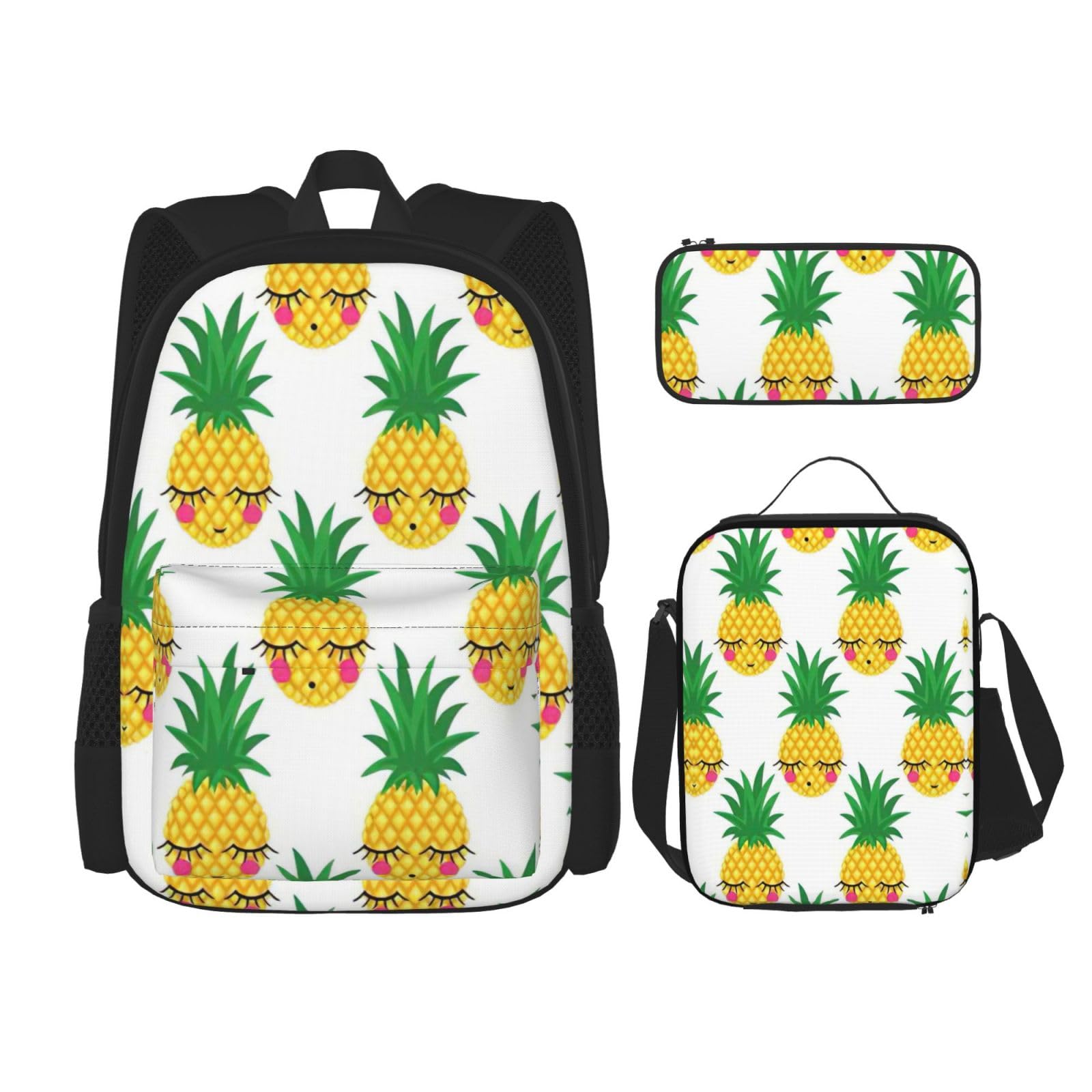 WURTON Pineapple1 bedruckter verstellbarer Schulterriemen, Rucksack-Set, Lunchtasche, Federmäppchen, Kombinationstaschen-Set