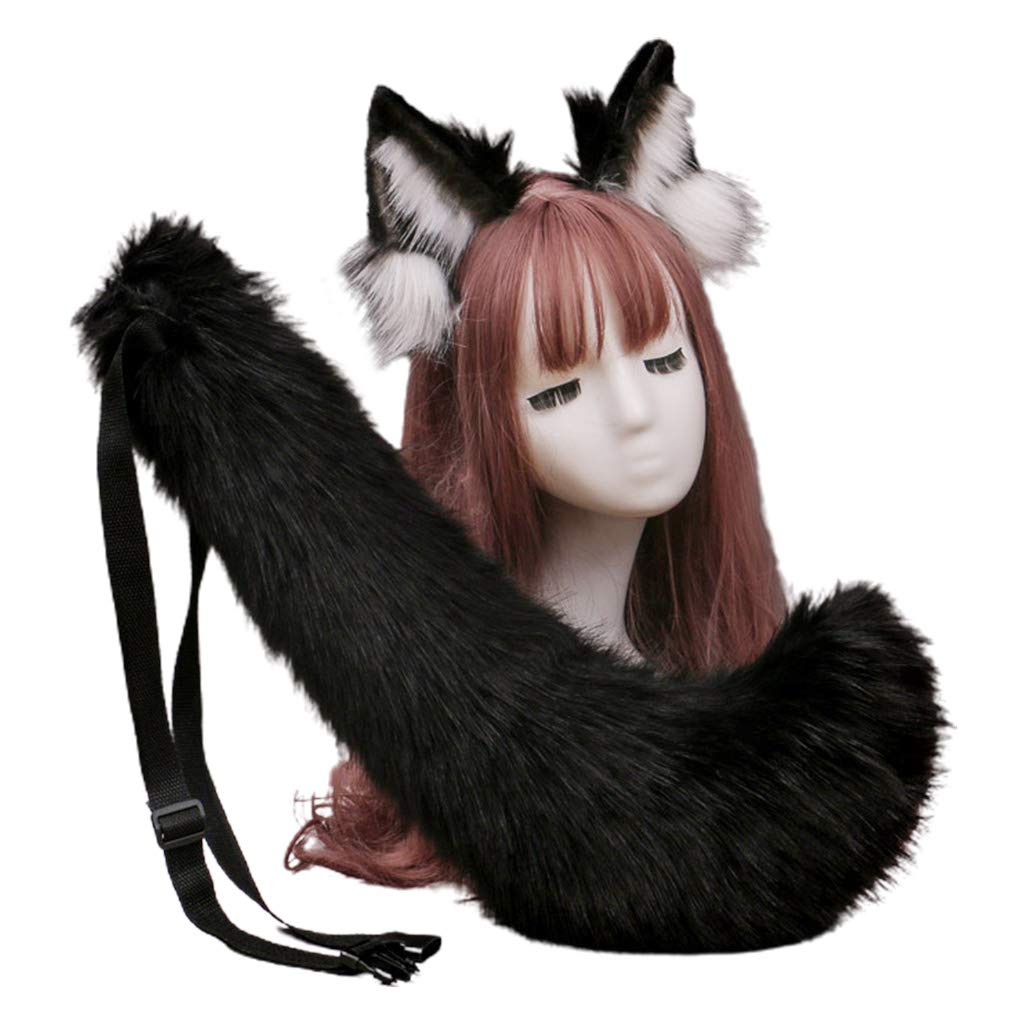 SANRLO Stirnbänder, Haarschmuck für Damen, künstlicher Wolfsohren, Stirnband und pelziger Anmimal, langer Schwanz, Cosplay-Kostüm-Set