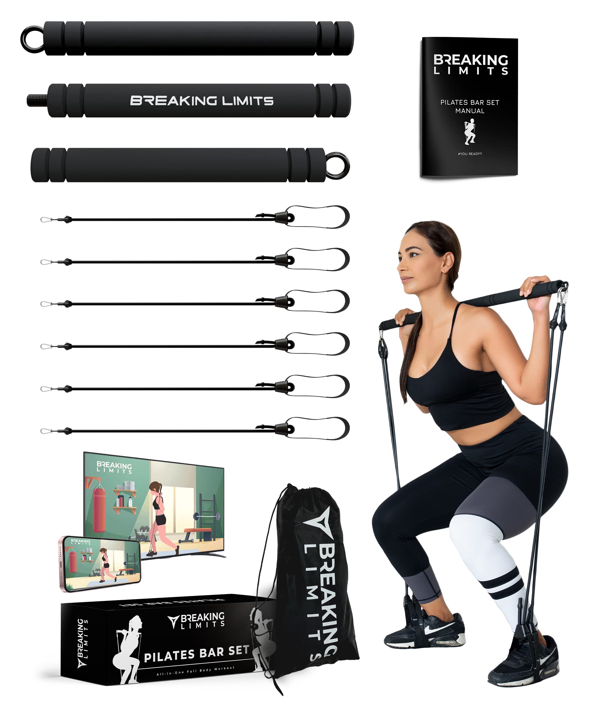 Breaking Limits Pilates Bar Set - Längenverstellbare Fitness Stange + 6 Widerstandsbänder - Ganzkörper Workout für Zuhause - Edelstahl mit Dichtem Schaumstoffbezug, Rutschfester Fußriemen (Schwarz)