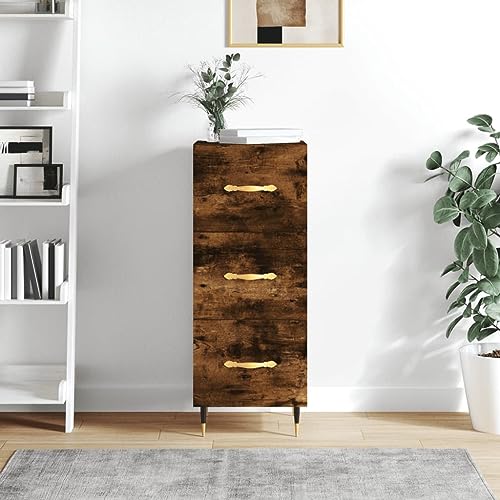 Sideboard Räuchereiche 34,5x34x90 cm Holzwerkstoff,Elegantes Sideboard in RäuchereicheOptik mit 3 Schubladen und Metallbeinen für stilvolles Wohnen