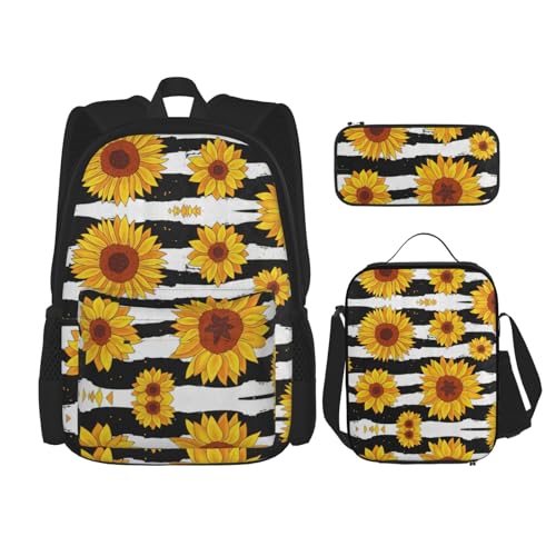 WURTON Stilvoller Rucksack mit Sonnenblumen-Druck, für Mädchen, Jungen, Schultaschen, Teenager, Lunchbox und Federmäppchen, 3-in-1-Büchertaschen-Set