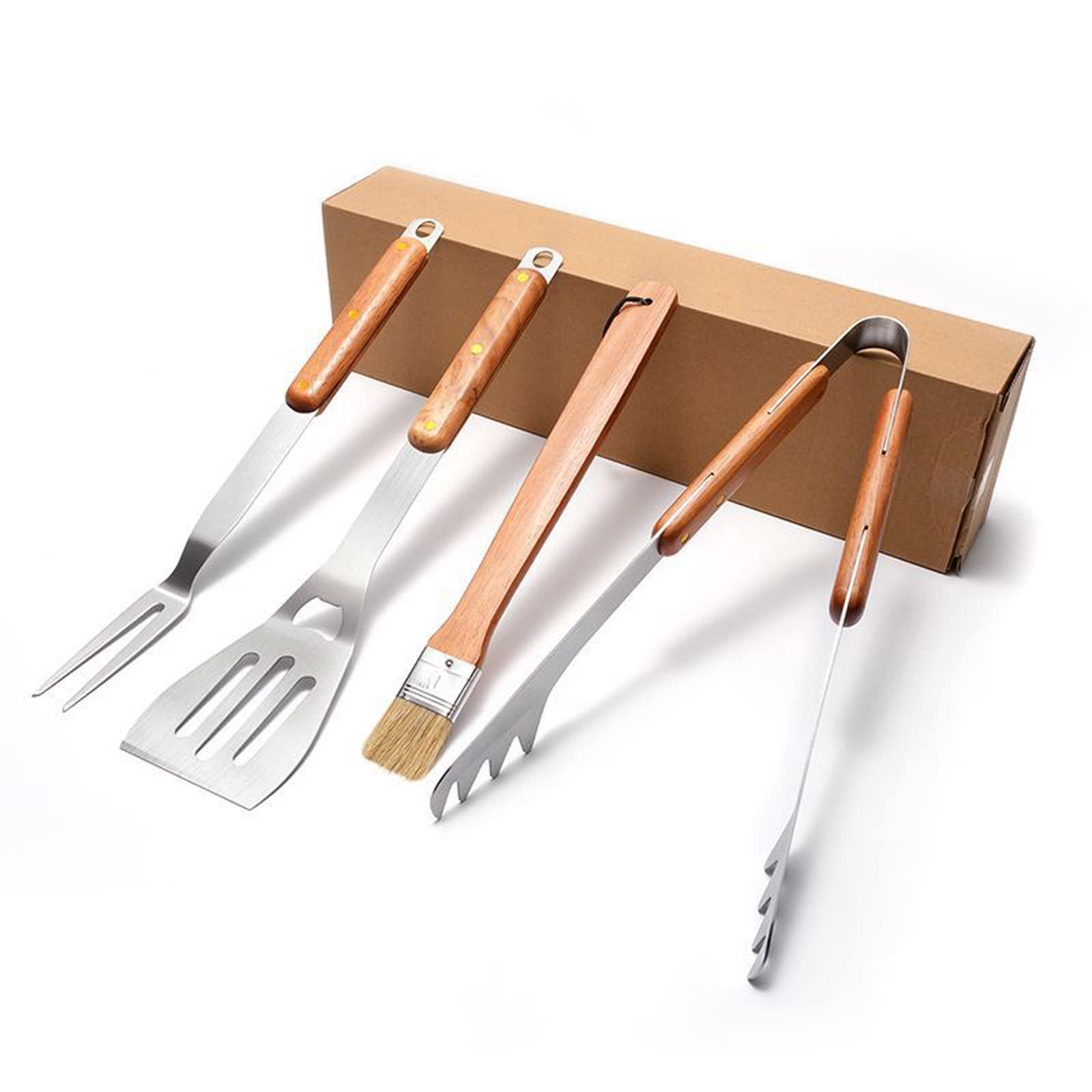 4 Stück Edelstahl BBQ Tools Set Spatel Gabel Zange Bürste Barbecue Grillbesteck Camping Outdoor Kochen Werkzeuge