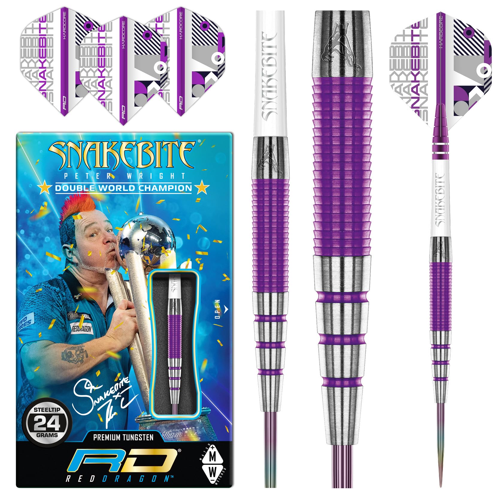 RED DRAGON Peter Wright Snakebite PL15 Medusa 24 Gram Professional Tungsten Darts Set with Flights and Stems