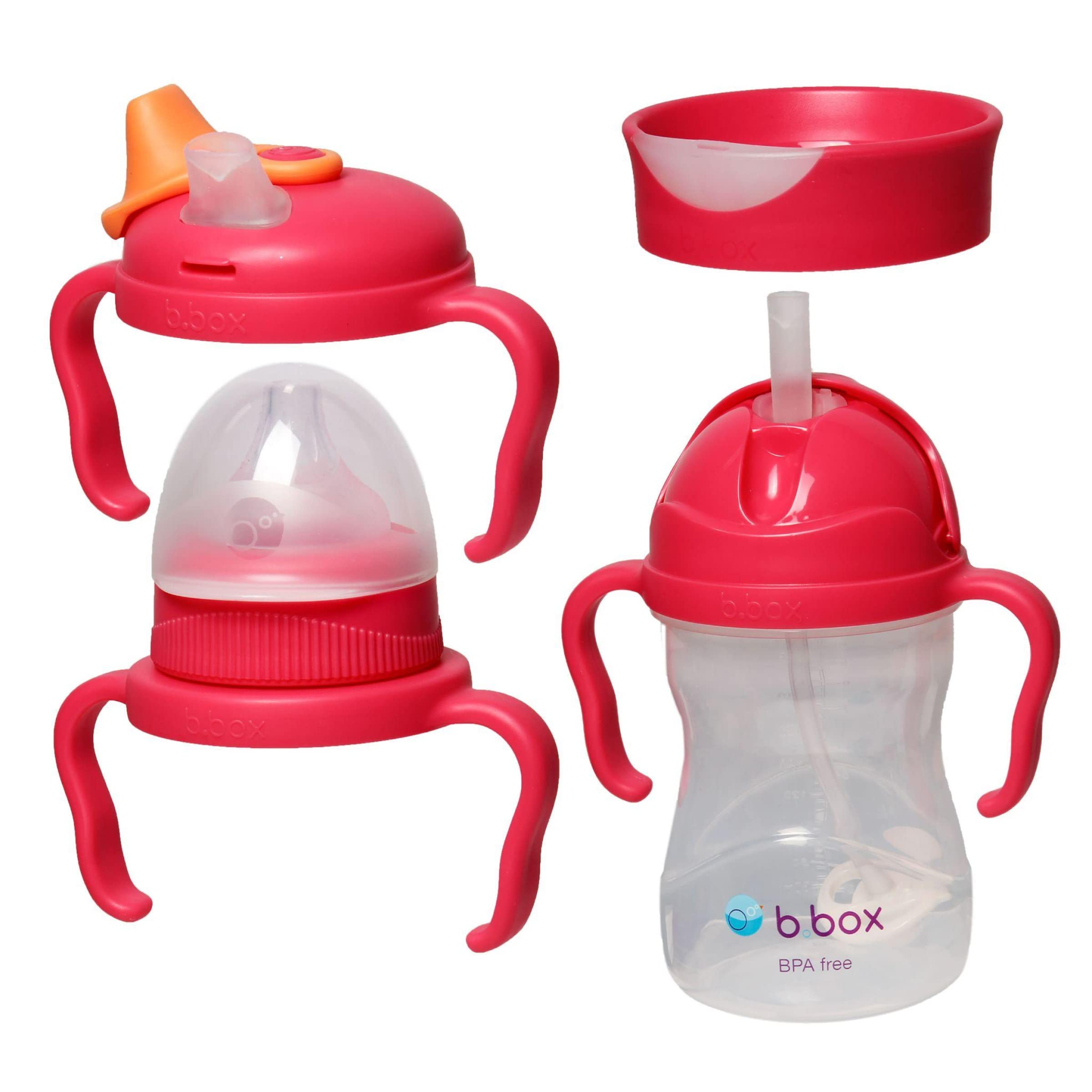 b.box 4 Deckel in 1 Tasse für Babyfütterung, auslaufsichere Trinkflasche für Kleinkinder, 240 ml, Übergangs-Schnabeltasse mit BPA-freiem Premium-Silikon-Kunststoff, spülmaschinenfest (Himbeere)