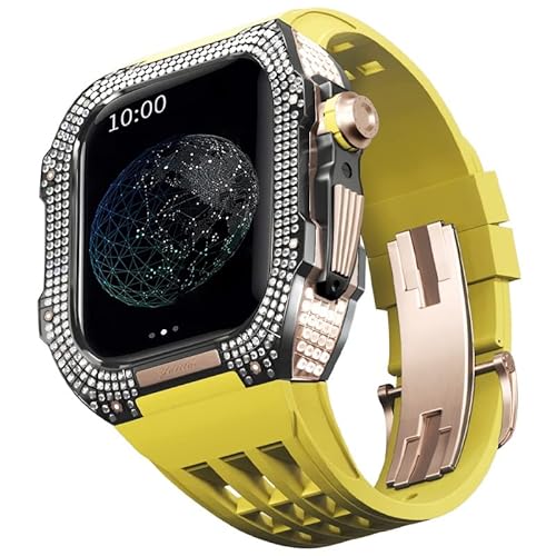 TONECY Gummiband, Titan-Lünette für Apple Watch 8/7, Apple Mod Watch, Zubehör, Ersatz-Titan, luxuriöses Gehäuse, kompatibel mit iWatch Serie 45 mm, mit Werkzeug (Farbe: Gelb 7, Größe: 45 mm)