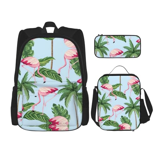 WURTON Rucksack mit tropischem Flamingodruck, 3-in-1, Büchertaschen-Set, Lunchbox, Federmäppchen, Reise-Laptop-Tagesrucksäcke, Schwarz, Einheitsgröße