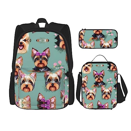 WURTON Yorkie Floral Print Lunchbox Federmäppchen Rucksack Set 3 Stück Verstellbare Träger Langlebig Leicht, Schwarz, One Size