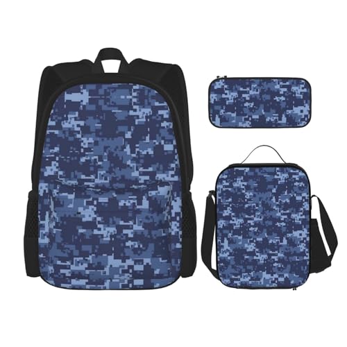 WURTON Schulterrucksack, 3-in-1-Büchertaschen-Set, Lunchbox, Federmäppchen, Reisen, Laptop, Tagesrucksäcke mit Camouflage-Muster