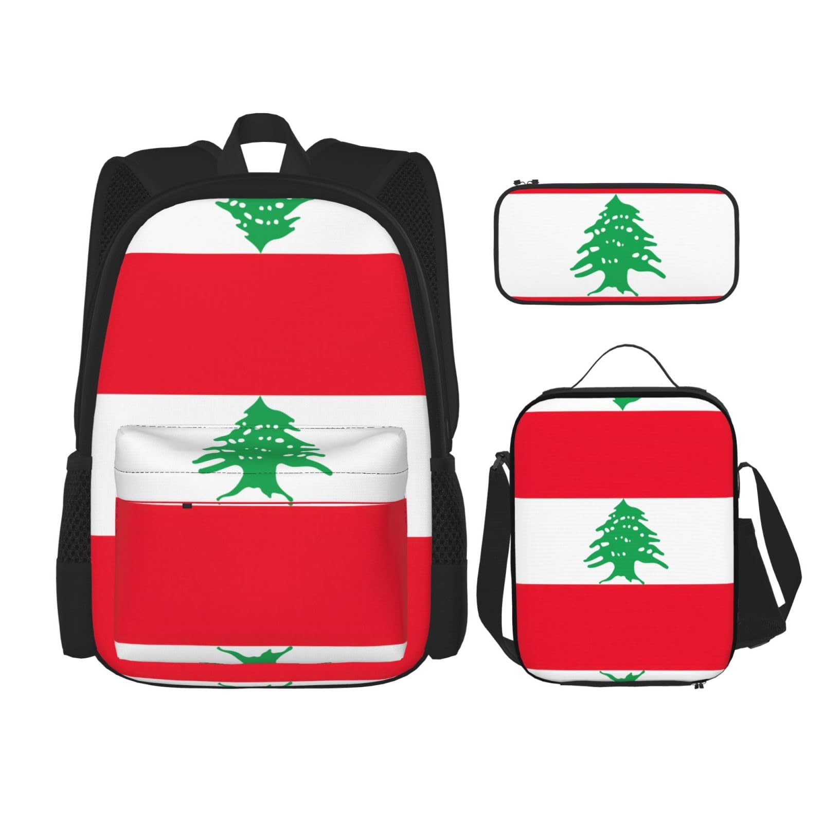 WURTON Rucksack-Set mit Libanon-Flagge, Schultasche mit Lunchtasche, Federmäppchen, Kombination, Schultaschen-Set