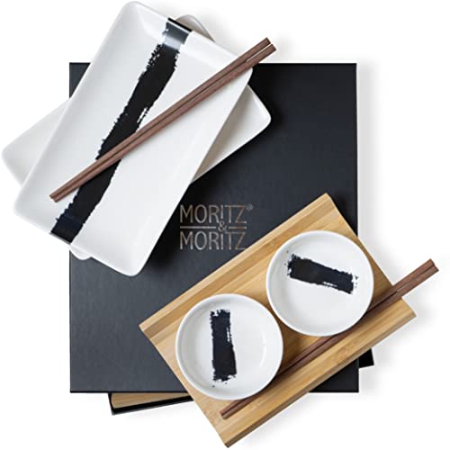 Moritz & Moritz Sushi Geschirr Set für 2 Personen - 10 Teile - Sushi Servierset mit 2x Sushi-Teller, Dip-Schälchen und Stäbchen