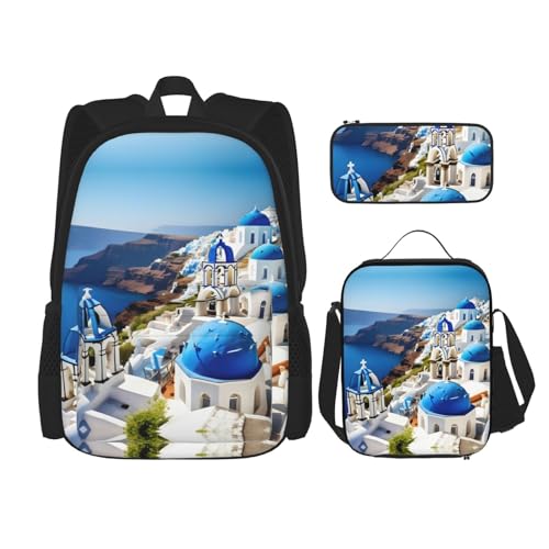 WURTON Griechische Insel Meer Blick Reise Lunchbox Federmäppchen Rucksack Set 3 Stück Verstellbare Träger Leicht, Schwarz, Einheitsgröße