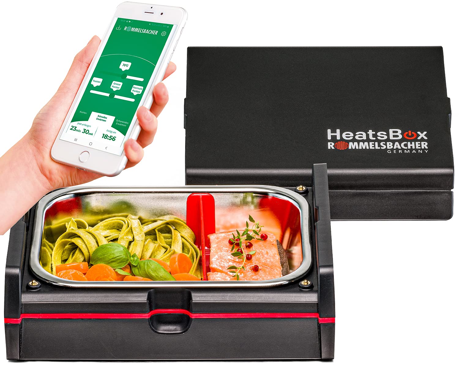 ROMMELSBACHER Beheizbare Lunchbox HB 100 Heatsbox - zum Erhitzen von Speisen, Zeitvorwahl, Edelstahl Schale (925 ml), Transportdeckel, per App & manuell steuerbar, 100 Watt, schwarz