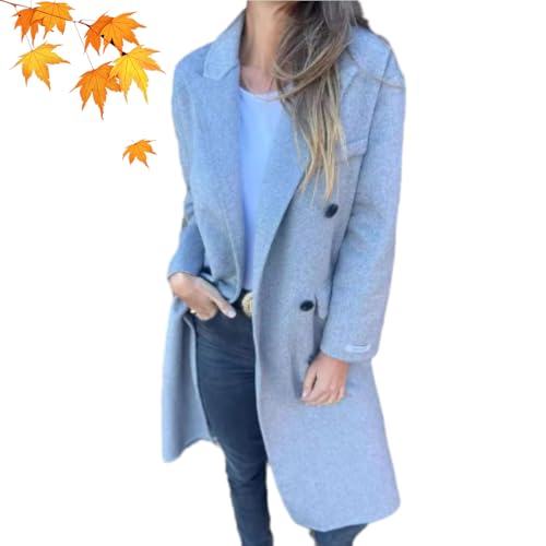 WINDEHAO Damenjacke für Herbst und Winter, Revers, langärmelig, lässig, Knopfleiste, lang, einfarbig, Tweed-Jacke für Damen, Grau, Größe XXL