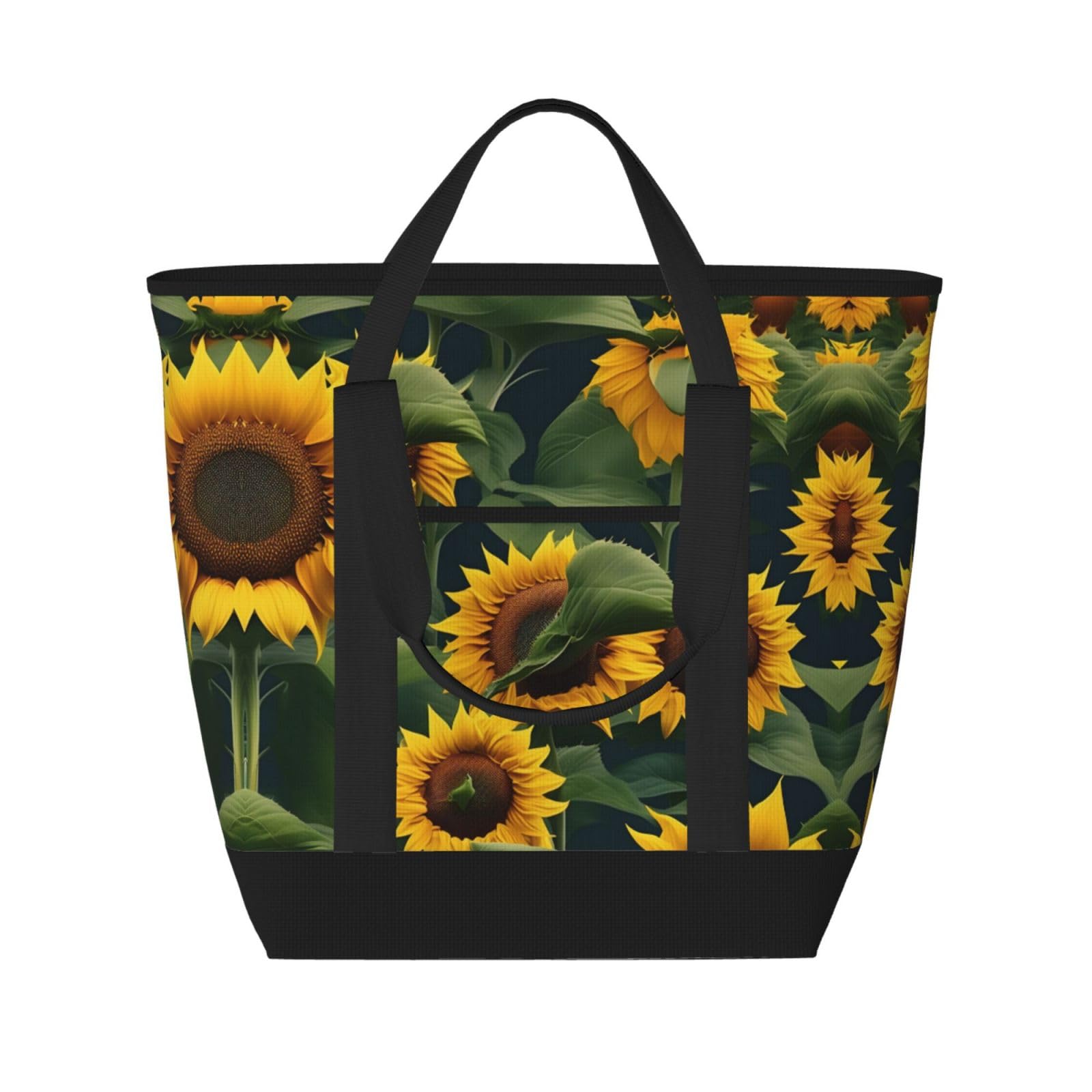 YQxwJL Isolierte Kühltasche mit Pflanzenmotiv und Sonnenblumen-Druck, großes Fassungsvermögen, Einkaufstasche, Reisetasche, Strand, wiederverwendbare Einkaufstasche für Erwachsene, Schwarz,