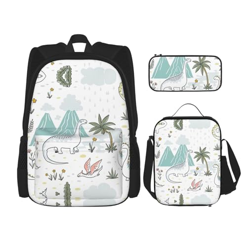 WURTON Schulrucksack-Set mit Dinosaurier-Motiv, 3-in-1, mit Lunchbox, Federmäppchen, Reise, Laptop, Tagesrucksack