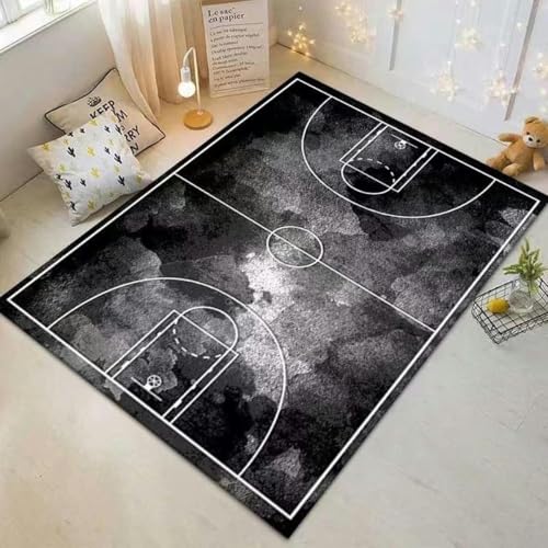 Kleine Teppiche 60 x 90 cm, schwarzer Basketballplatz-Wohnzimmerteppich, maschinenwaschbare Fußmatten, moderner Badezimmerteppich, weicher rutschfester Flächenteppich, weicher Wohndeko-Teppich mit ku