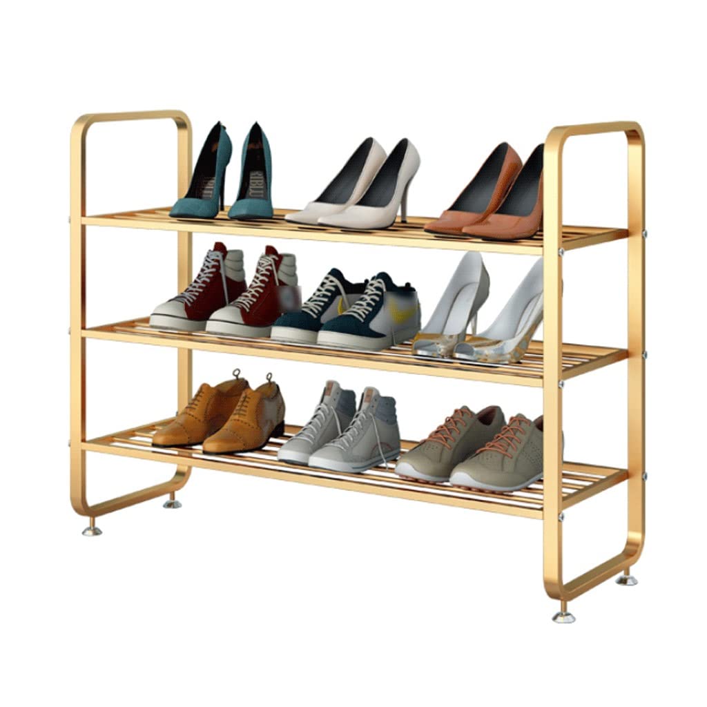 YIHANSS Schuhregal, einfache Schuhregale, 3-stufiger Schuhregal-Organizer, modernes Schuhregal aus Metall, goldenes kleines Schuhregal mit verstellbaren Fußpolstern, freistehende Schuhregale,