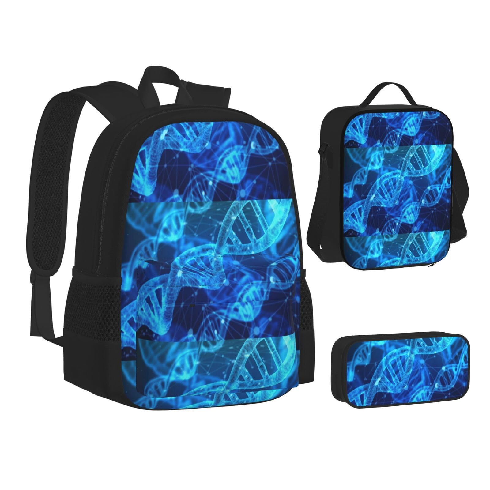 WURTON DNA Chain Fotodruck-Rucksack-Lunchbox-Set, 3-in-1 Büchertasche und Federmäppchen, passende Kombination, Schwarz, Einheitsgröße, Schwarz , Einheitsgröße