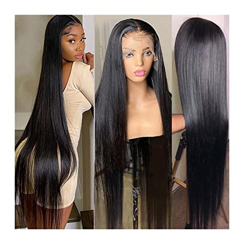 Perücken HD Straight Lace Perücke Echthaar Lace Front Perücke 180% Brasilianisches Remy-Haar Vorgezupft 8-38" lange gerade transparente Lace Frontal Perücken Damenperücke (Color : 13x6x1 T Part Wig,