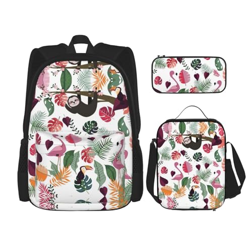 WURTON Schulrucksack-Set mit Faultier im rosa tropischen Dschungel-Druck, 3-in-1-Büchertaschen-Set mit Lunchbox, Federmäppchen, Reise-Laptop-Tagesrucksäcke