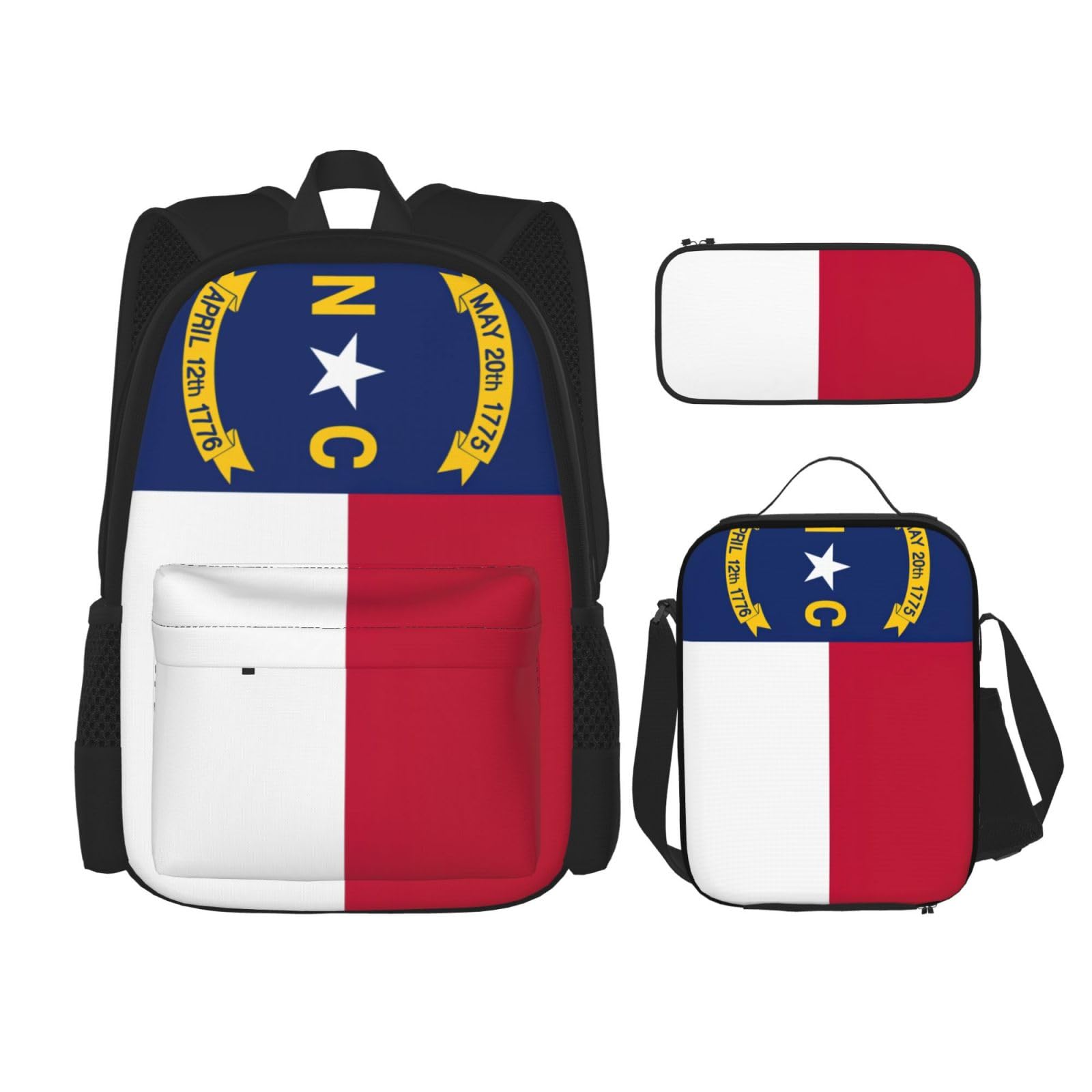 WURTON North Carolina State Flag Print 3 in 1 Sets Casual Adjustable Shoulder Backpack Lunch Bag Pencil Case Pouch Box, Schwarz, Einheitsgröße