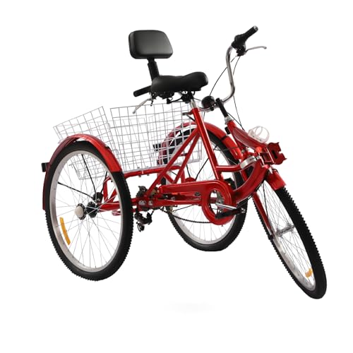 24 Zoll Dreirad Erwachsene 7 Gang 3-Räder Fahrrad BikeMit LED Licht Gemüsekorb Becherhalter Mit Korb Tricycle Höhenverstellbarer 3 Räder Fahrrad für Outdoor-Aktivitäten Belastbarkeit 120 Kg (Rot)