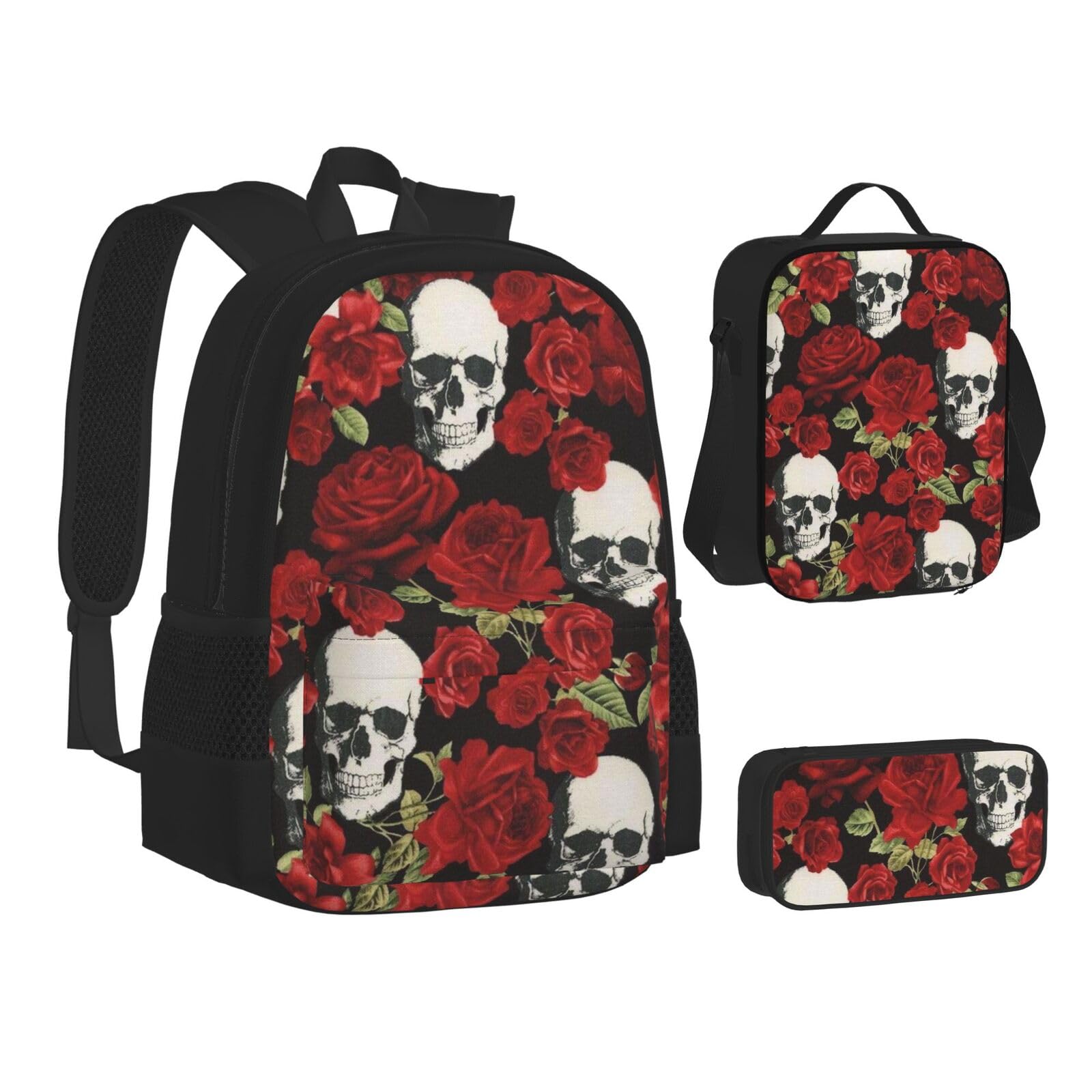 WURTON Büchertasche mit Rosen-Totenkopf-Druck, Lunch-Tasche, Federmäppchen, 3-in-1, Schulrucksack-Set, Kinderrucksack