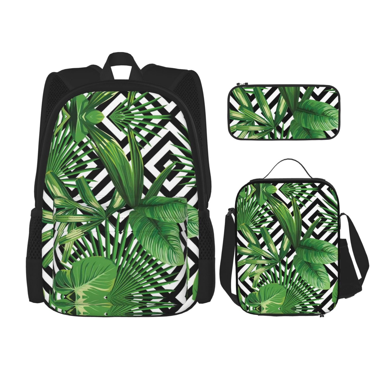 WURTON Grüne Blätter von Palmen Tropische Pflanze Druck Rucksack Mädchen Jungen Schultaschen Teenager Lunchbox und Federmäppchen 3 in 1 Büchertaschen Set