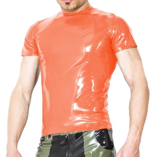 Herren Kunstleder Elastische Stange Bühnenleistung Slim Tops Kleidung Kostüm, Orange, 5XL