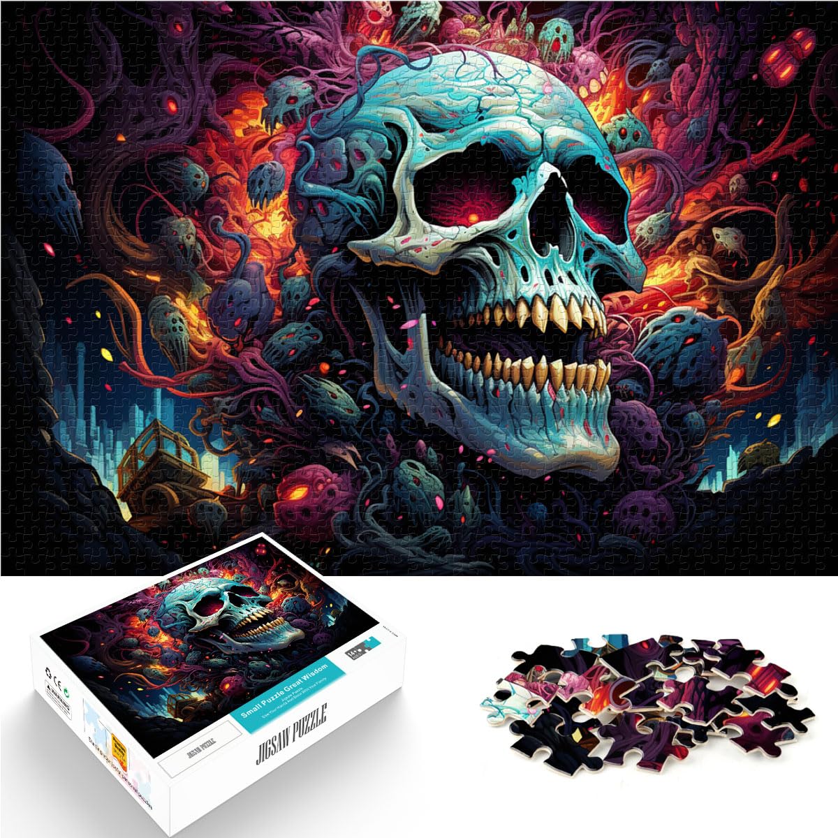 Puzzle, Lernspiele, Bunter Psychedelischer Totenkopf, 1000 Teile, schwieriges Holzpuzzle, schweres Puzzle für Frauen und Männer, 1000 Teile (50 x 75 cm)