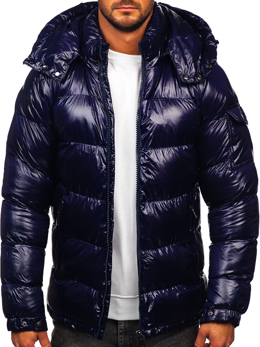 BOLF Herren Winterjacke Steppjacke Übergangsjacke Puffer Daunenjacke Reißverschluss Sportjacke Fell Kapuze Gepolstert Zip Outdoor Casual Style 9976 Dunkelblau XL [4D4]