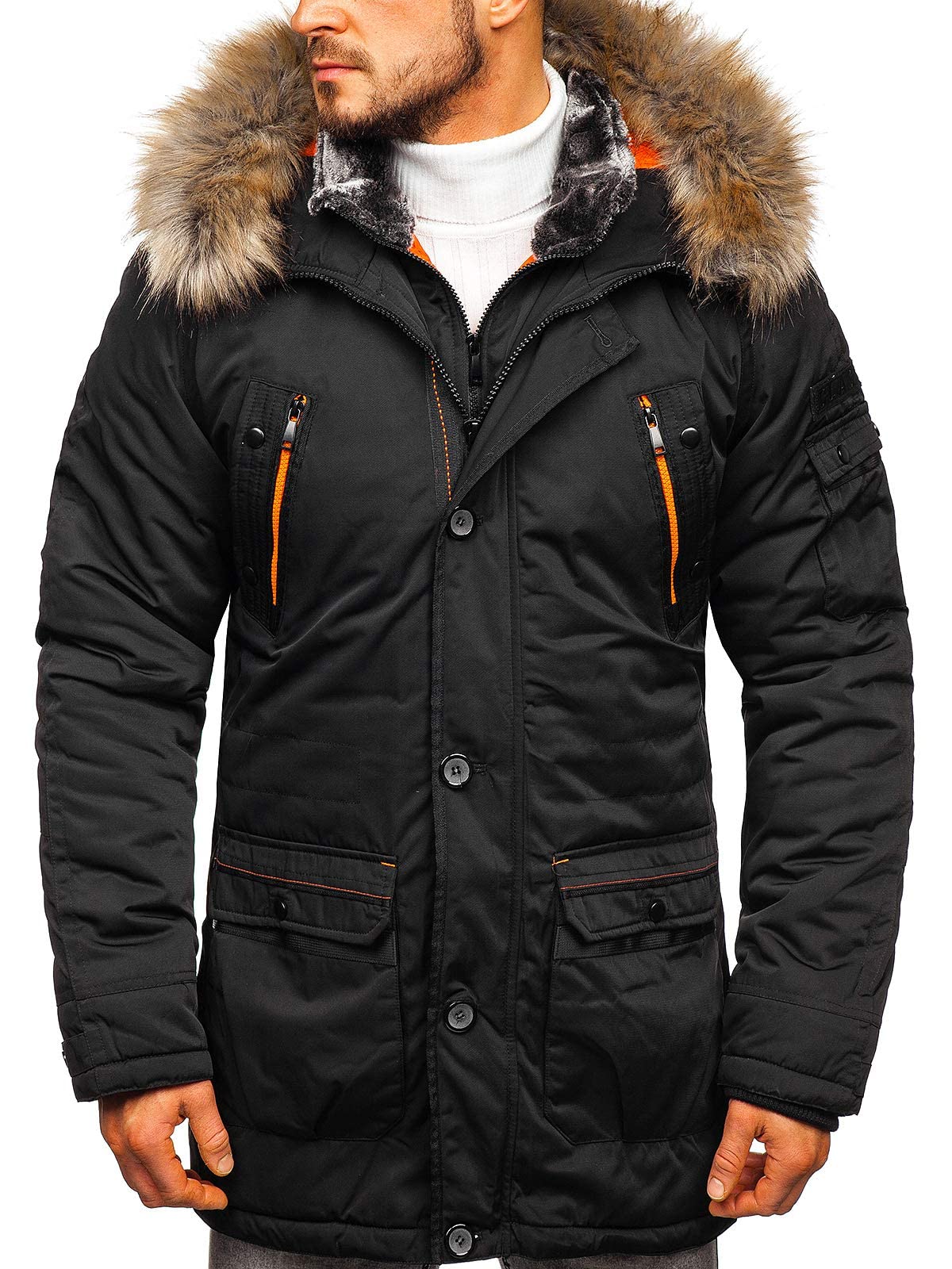 BOLF Herren Winterjacke Parka Fellkapuze Wintermantel Lange Street Style J.BOYZ 1067 Schwarz M [4D4]