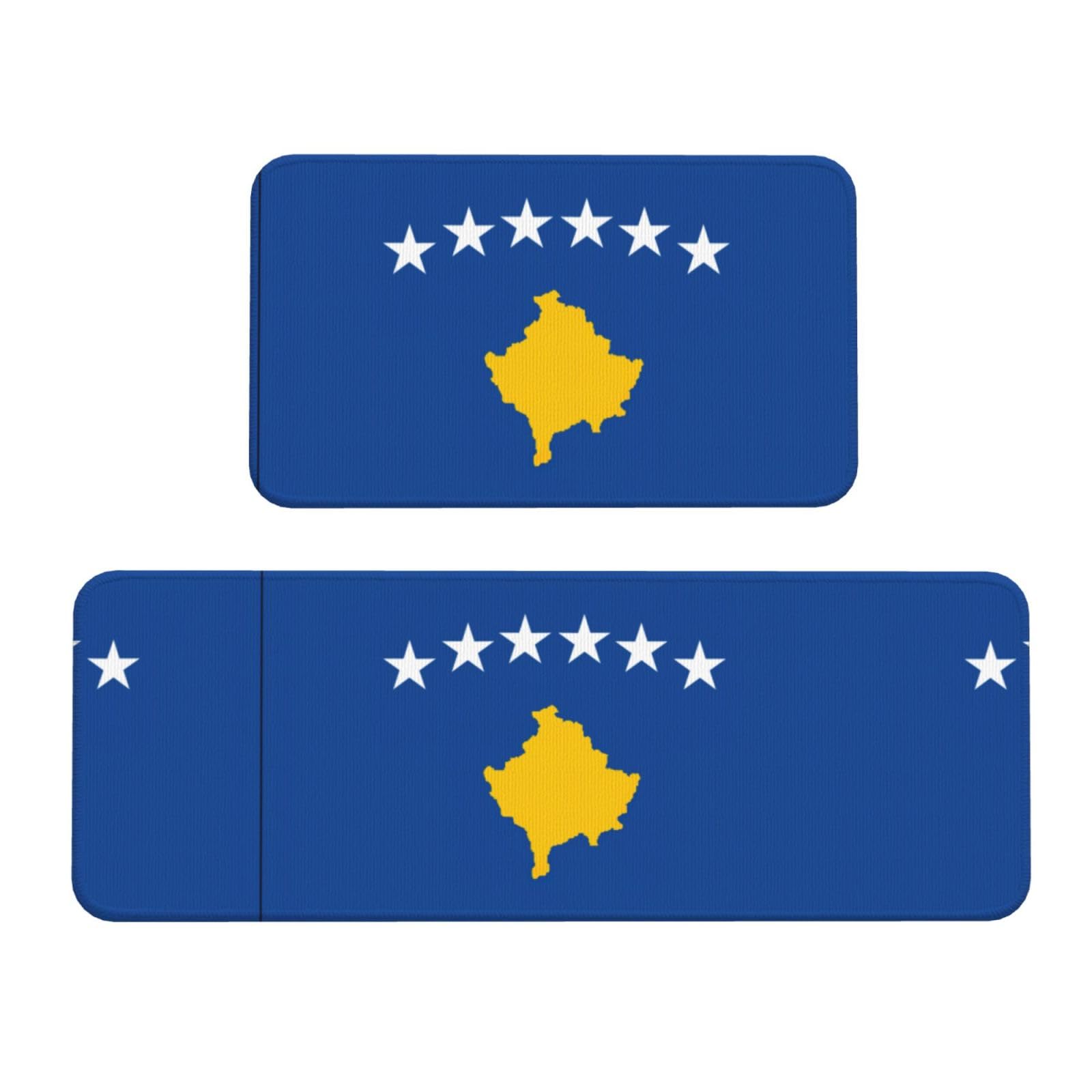 YQxwJL Küchenteppich, Motiv: Flagge des Kosovo, rutschfest, 2 Stück, bequeme Stehmatten für Küche, Büro