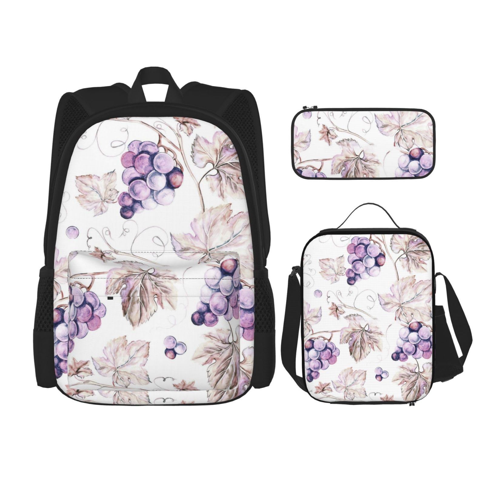 WURTON Schöne Weinblätter Druck Reise Lunchbox Federmäppchen Rucksack Set 3 Stück Verstellbare Träger Leicht, Schwarz, Einheitsgröße